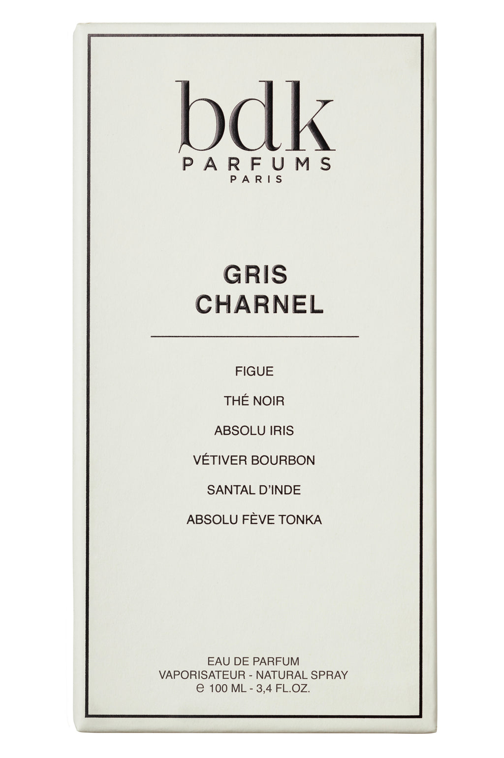 A perfume box labeled "BDK Parfums." The fragrance, named "Gris Charnel," lists notes including fig, black tea, iris absolute, bourbon vetiver, Indian sandalwood from the Tino-Rossi garden, and tonka bean absolute.