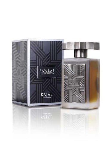 Sawlaj eau de parfum bottle with geometric box, amber glass and silver cap