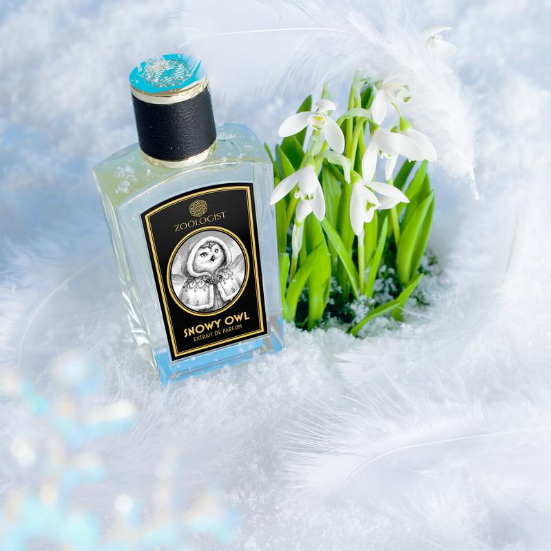 A perfume bottle labeled "Snowy Owl" from Zoologist stands in snow next to blooming white flowers and white feathers, exuding a delicate musk fragrance.