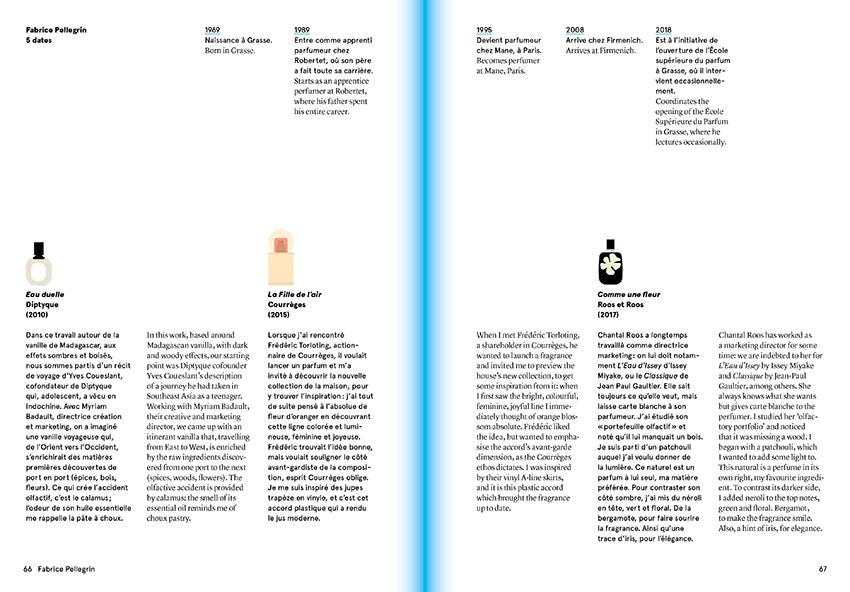 The magazine spread from Nez's "Smell, Feel. Perfumers, Odors, and Emotions" features two columns of text on a white background. It delves into the intricate world of olfaction, discussing perfumes and their exhibitions with detailed descriptions and dates. Pages 66-67 are visible, yet no images or graphics accompany the text.