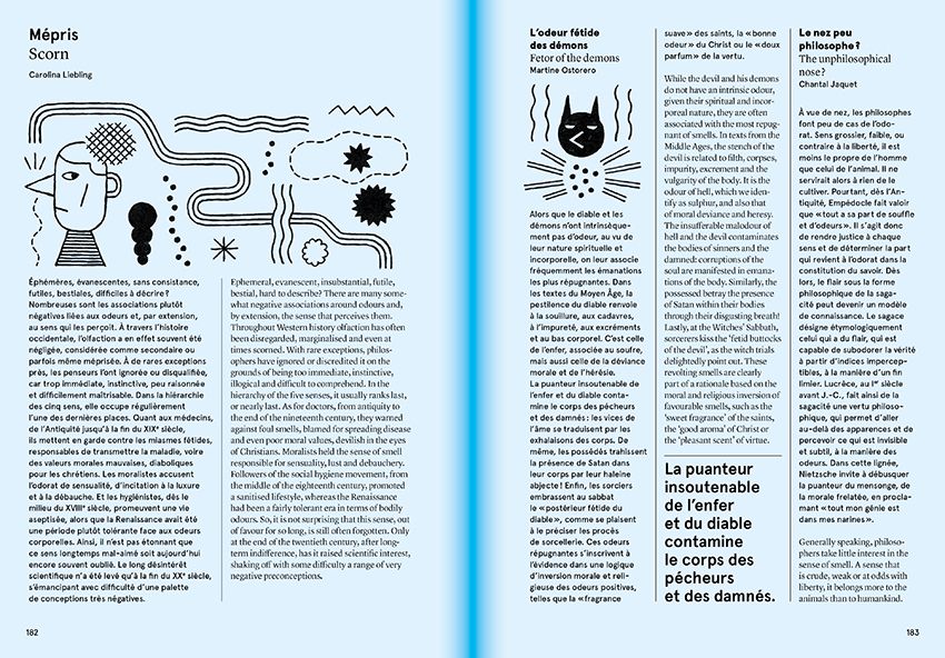 The book "Smell, Feel. Perfumers, Odors, and Emotions" by Nez is open to display two pages of French text. The pages feature black and white abstract illustrations alongside sections with bolded headings that evoke the feel of an exhibition. The background is light blue.
