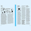 The book "Smell, Feel. Perfumers, Odors, and Emotions" by Nez is open to display two pages of French text. The pages feature black and white abstract illustrations alongside sections with bolded headings that evoke the feel of an exhibition. The background is light blue.
