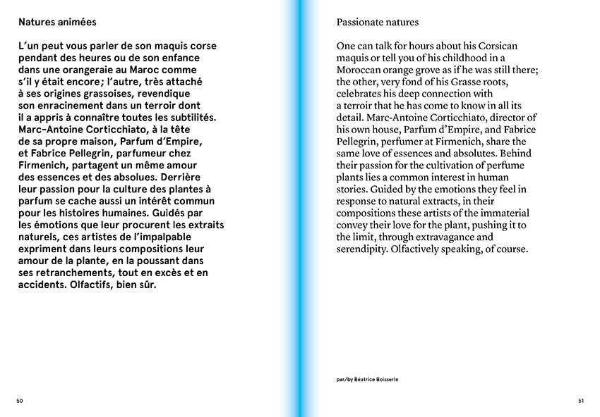 An open book displaying text on both pages. The left page is in French under the title "Natures animées," while the right page, titled "Passionate Natures," is in English. This book, named *Smell, Feel. Perfumers, Odors, and Emotions* by Nez, delves into themes of exhibitions and olfaction, creating a perfume-infused narrative experience.