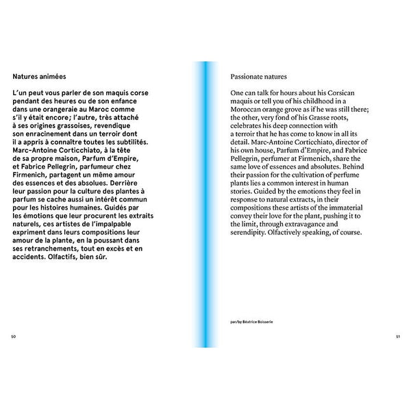 An open book displaying text on both pages. The left page is in French under the title "Natures animées," while the right page, titled "Passionate Natures," is in English. This book, named *Smell, Feel. Perfumers, Odors, and Emotions* by Nez, delves into themes of exhibitions and olfaction, creating a perfume-infused narrative experience.