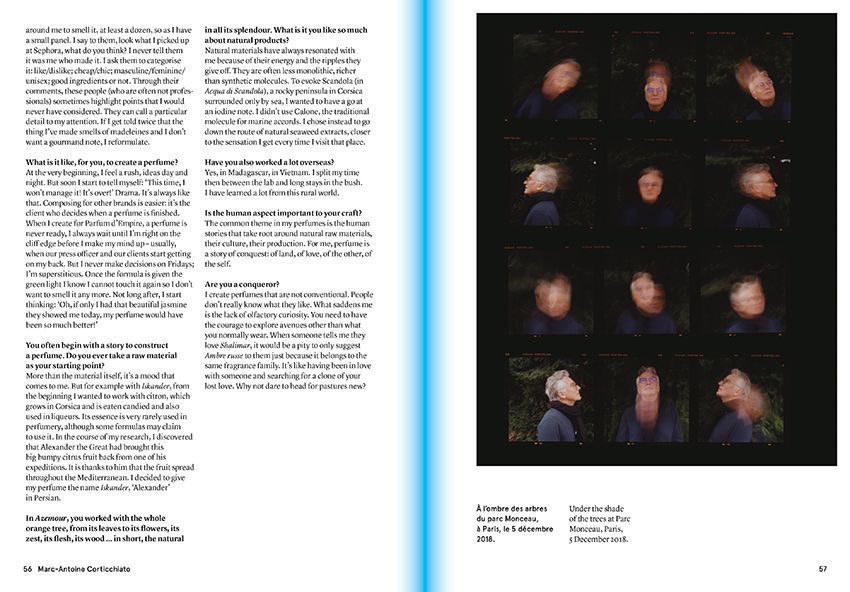 In "Smell, Feel. Perfumers, Odors, and Emotions" by Nez, a spread includes an interview on the left page accompanied by a grid of nine blurred headshots on the right page, featuring white text on a black background. The discussion explores the realm of perfume exhibitions, providing insights into both the artistry and science behind olfaction.