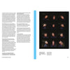 In "Smell, Feel. Perfumers, Odors, and Emotions" by Nez, a spread includes an interview on the left page accompanied by a grid of nine blurred headshots on the right page, featuring white text on a black background. The discussion explores the realm of perfume exhibitions, providing insights into both the artistry and science behind olfaction.