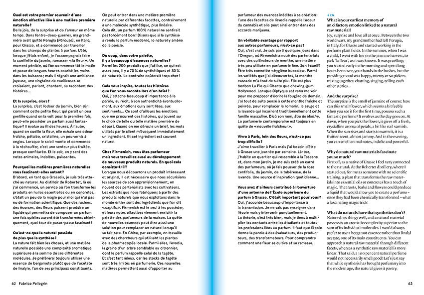 A two-page spread from the book "Smell, Feel. Perfumers, Odors, and Emotions" by Nez, in French, featuring a two-column text layout. The content covers a variety of topics such as the art of perfume exhibitions and olfaction, highlighted with blue headings. The author's name, Fabrice Poinclin, is located at the bottom.