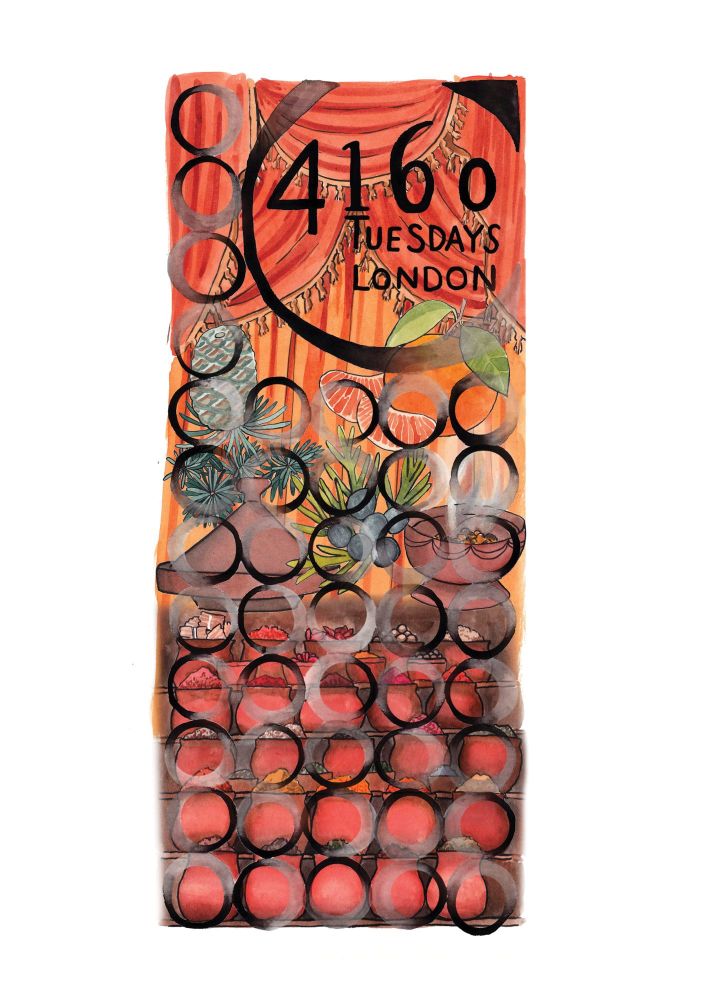 A vibrant calendar for "4160Tuesdays" featuring their product "Shazam!" showcases a lively background adorned with plants and curtains. Circular cutouts punctuate the design, revealing glimpses of the underlying artwork, all beautifully enhanced by a touch of spicy amber accents.