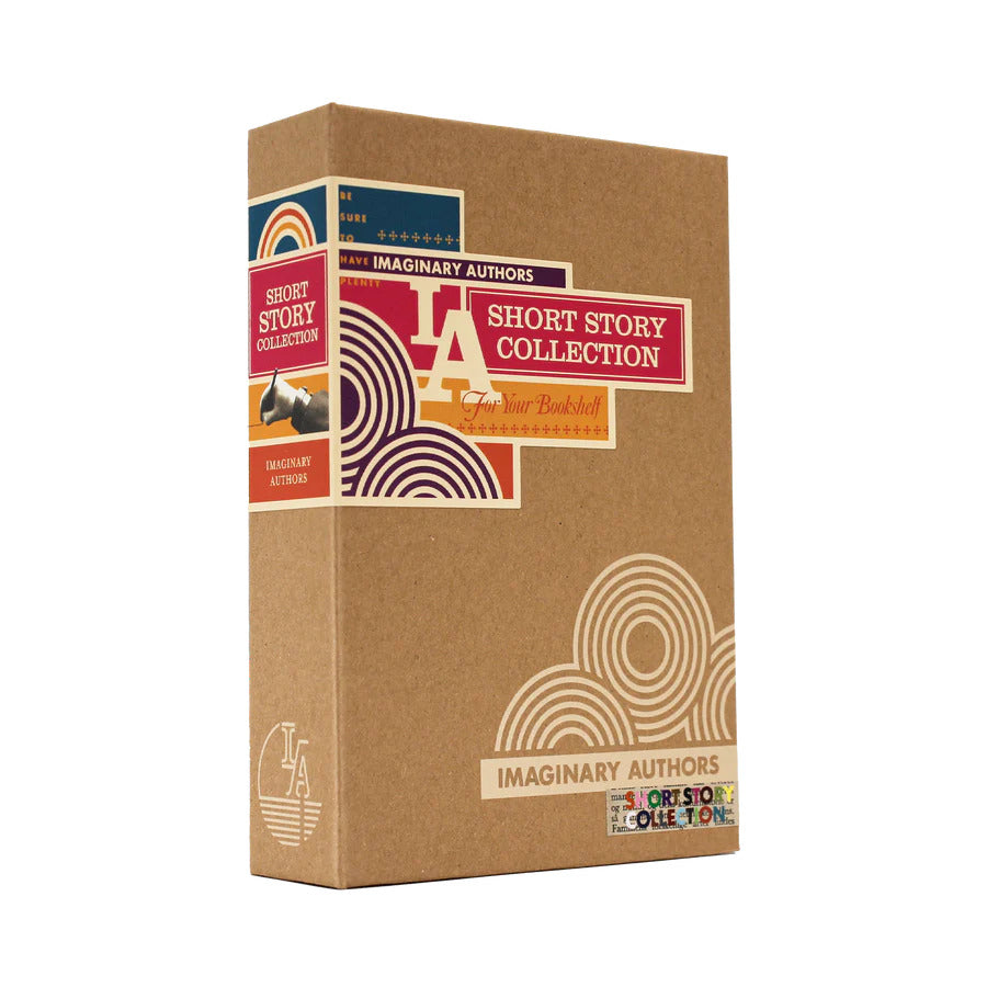 A boxed set titled "Imaginary Authors Short Story Collection" by Imaginary Authors, featuring colorful designs with text and geometric shapes on a brown background, now includes exclusive fragrances inspired by each story.