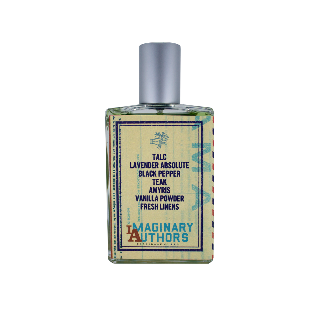 A bottle of Telegrama by Imaginary Authors with a label listing its plush scent notes: talc, lavender absolute, black pepper, teak, amyris, vanilla powder, and fresh linens. This blend offers a vintage first-class experience.