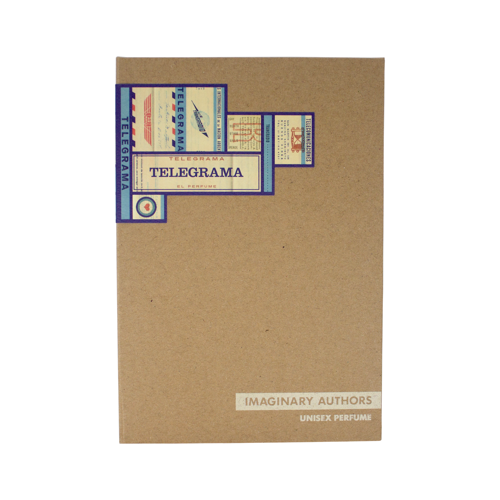 Front packaging of "Telegrama" by Imaginary Authors, labeled as a unisex perfume. The design features vintage telegram imagery in purple and beige tones on a brown background, evoking a first-class experience with its plush scent that hints at Lavender Absolute.