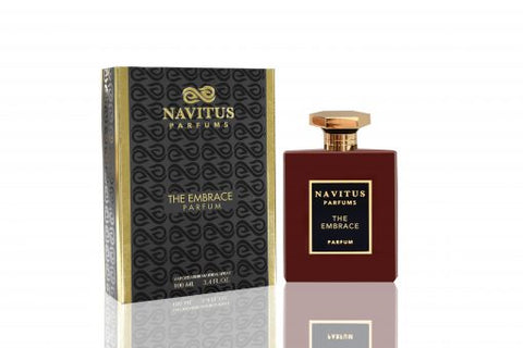 Perfume gift set: The Embrace bottle with dark patterned box, gold cap