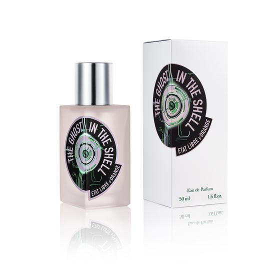 Bottle and box of "The Ghost In The Shell" Eau de Parfum by État Libre d'Orange, 50 ml. The box and bottle feature the same science fiction-inspired design with text and a circular graphic, echoing themes from classics like Dan Simmons' Hyperion.