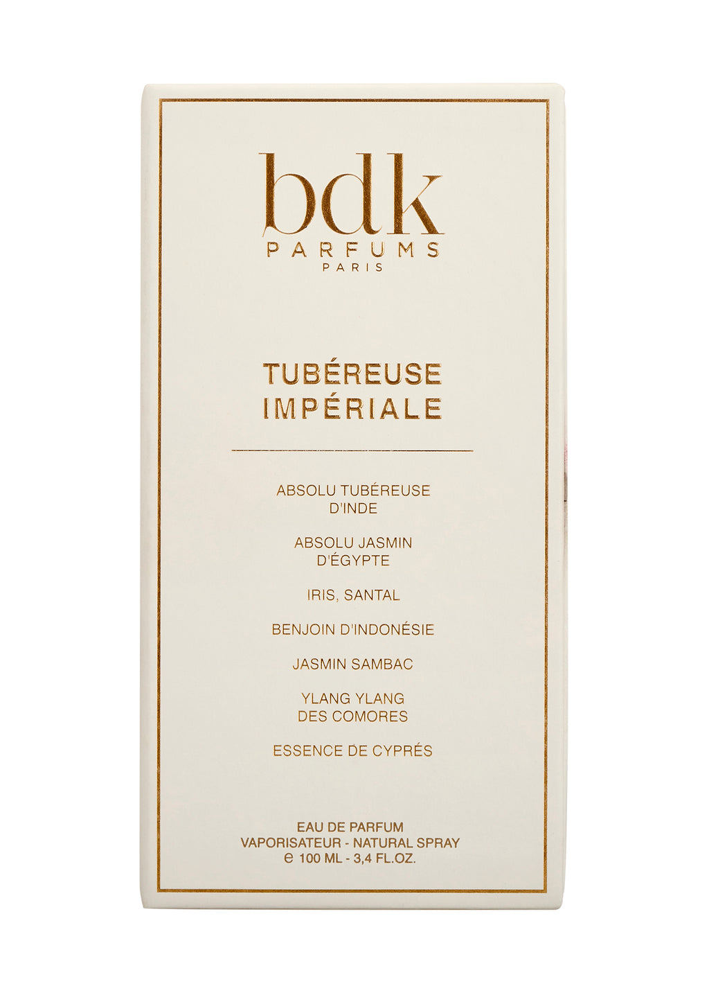 The image shows a rectangular box of BDK Parfums' "Tubereuse Imperiale" fragrance. The box lists its ingredients, including Indian tuberose, pink peppercorn, jasmine, and iris, with the volume marked as 100 ml (3.4 fl. oz.).