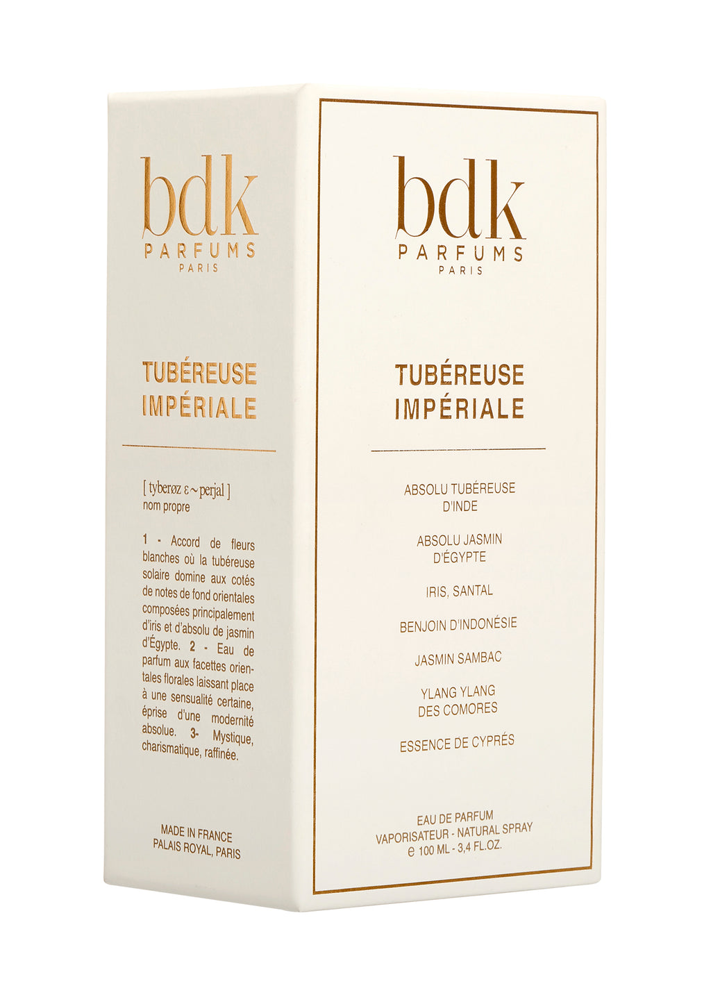 A beige box with gold accents for BDK Parfums, featuring "Tubereuse Imperiale" in bold. It lists ingredients such as Indian tuberose, jasmine, and iris, alongside notes including Madagascar vanilla and pink peppercorns. The product is made in France.