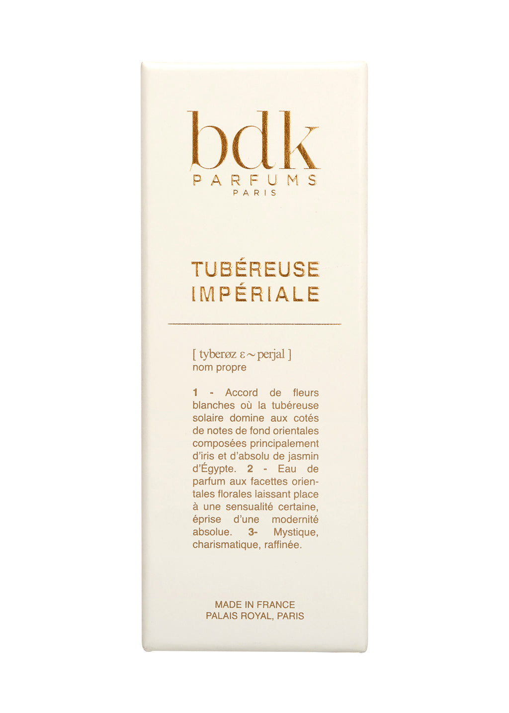 Packaging of BDK Parfums "Tubereuse Imperiale" showcasing product details and description in French, including fragrance notes such as Indian Tuberose and Madagascar Vanilla, along with its origin.