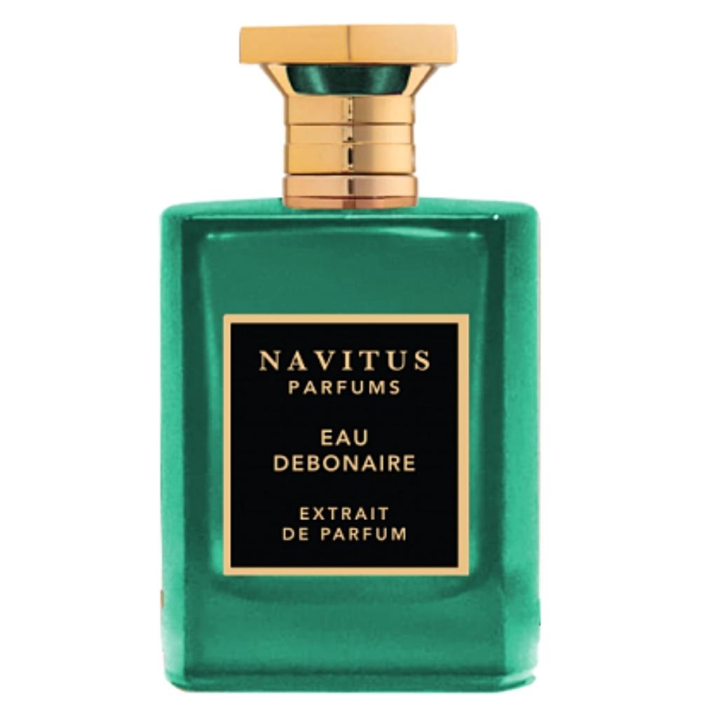 A green rectangular bottle of Navitus Parfums' Eau Debonaire, adorned with a gold cap and label, proudly showcases the text "Navitus Parfums Eau Debonaire Extrait De Parfum." This exquisite fragrance, masterfully crafted by Master Perfumer Julien Rasquinet, promises an unparalleled signature scent.