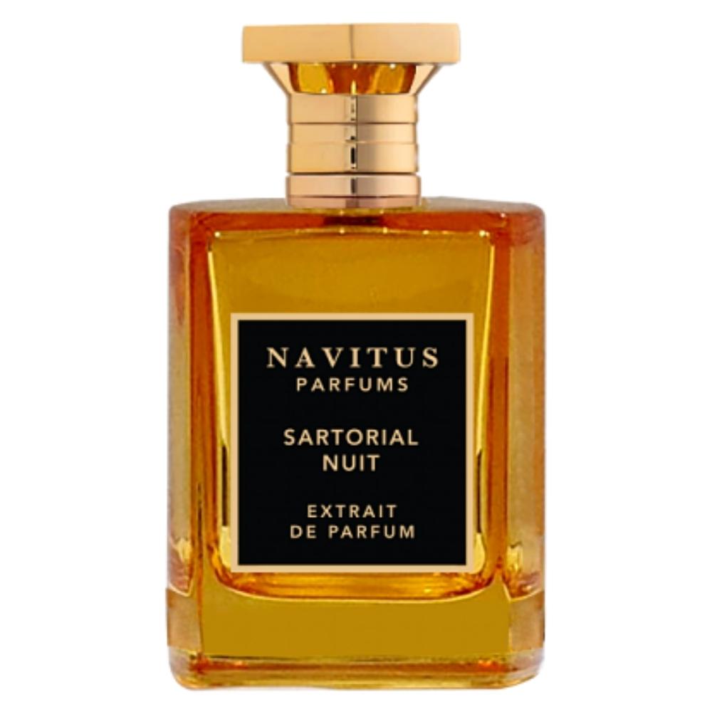 A bottle of Navitus Parfums Sartorial Nuit Extrait de Parfum stands upright. The rectangular glass container, crowned with a gold cap and featuring a black label embossed with gold text, holds an exquisitely seductive fragrance enriched with hints of tonka bean.