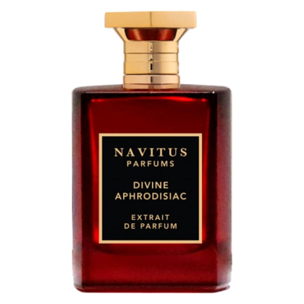 A rectangular amber glass bottle of Navitus Parfums Divine Aphrodisiac Extrait De Parfum, featuring a gold cap and label and crafted by Master Perfumer Sidonie Lancesseur, includes a unique peanut butter accord.