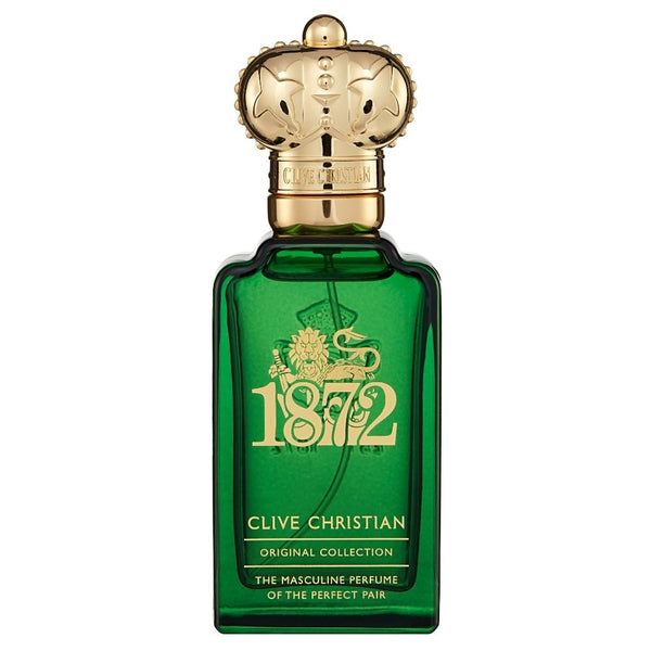 A green bottle of Clive Christian 1872 Masculine perfume, now known as the 1872 Masculine Edition Perfume, features a gold ornate cap and label detailing "The masculine perfume of the perfect pair." This Citrus Woody perfume is enriched with exquisite fragrance notes.