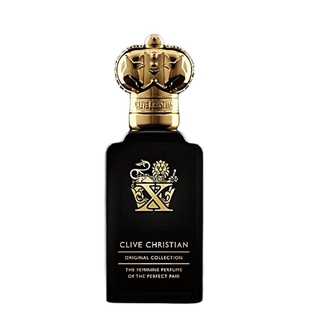 A black bottle of Clive Christian's X Feminine from the Original Collection, featuring a gold crown-shaped cap and ornate gold detailing, exudes notes of Egyptian Jasmine for a floral perfume experience.