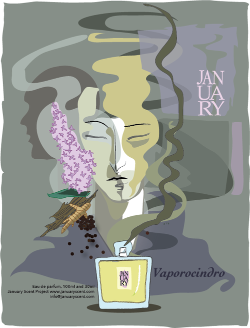 Illustration of a perfume advertisement featuring an abstract face, a perfume bottle labeled "January Scent Project", flowers, and the word "Vaporocindro". The scent is a harmonious blend of Flower Vapor Perfume, Wood, and Spice. Contact details are provided at the bottom of the image.