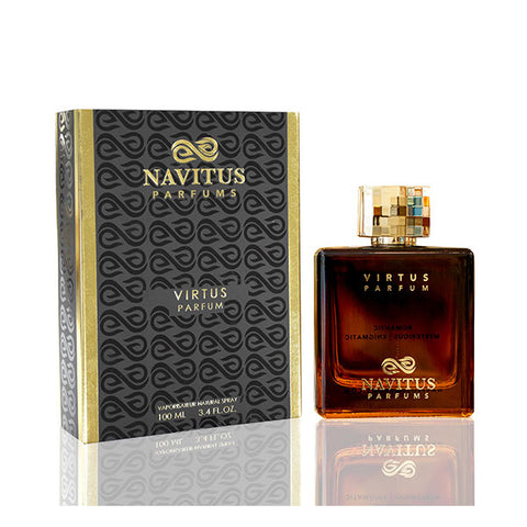 Navitus Virtus parfum gift set with dark patterned box and amber glass bottle