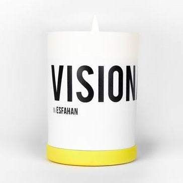 White candle jar with yellow band, printed VISION and Esfahan