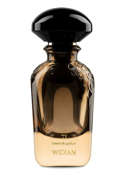 A perfume bottle labeled "71 Limited Widian" features a dark gradient from top to bottom and a sleek black cap, embodying the essence of a luxury fragrance.