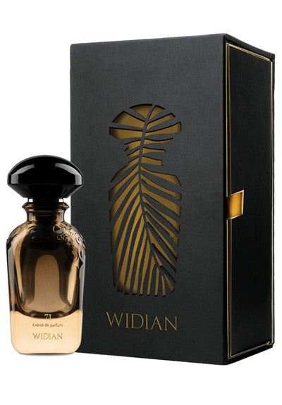 A bottle of Widian 71 Limited stands beside its packaging, a black box with a gold, leaf-like cutout design and the brand name "Widian" written in gold at the bottom. This luxury fragrance epitomizes elegance and sophistication.