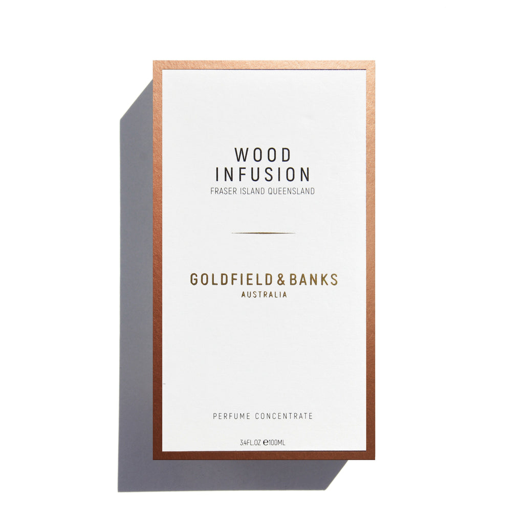 The Goldfield & Banks Wood Infusion perfume concentrate, 3.4 FL. OZ (100 ML), comes in elegant white and copper packaging and features the richness of Australian Exotic Woods.