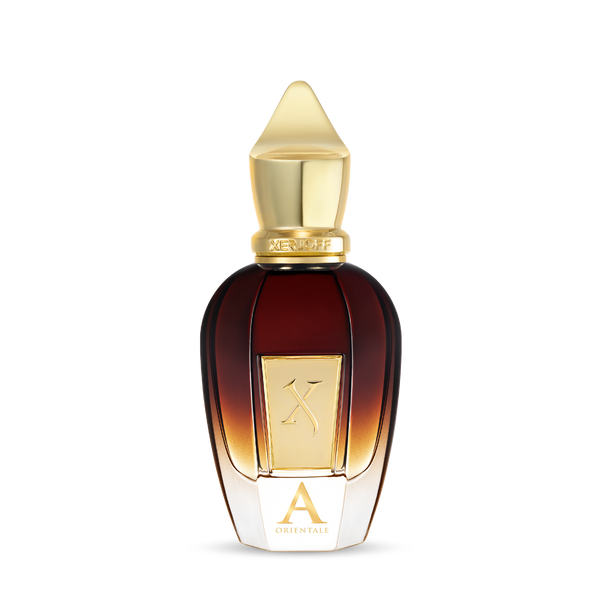 A dark brown and gold oud perfume bottle with a pointed cap, labeled "Xerjoff" and "Alexandria Orientale.