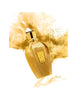 A golden perfume bottle labeled "Accento Overdose" with gold powder dispersing in the background, capturing the essence of sophisticated olfactory notes by Xerjoff.