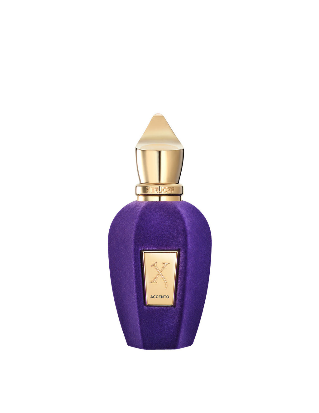 A purple perfume bottle with a gold cap and label, displaying the word "Accento Xerjoff," exudes pure luxury with its fruity scent.