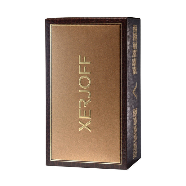 A brown, rectangular Xerjoff Alexandria II perfume box with gold text and accents, crafted from luxurious rosewood.