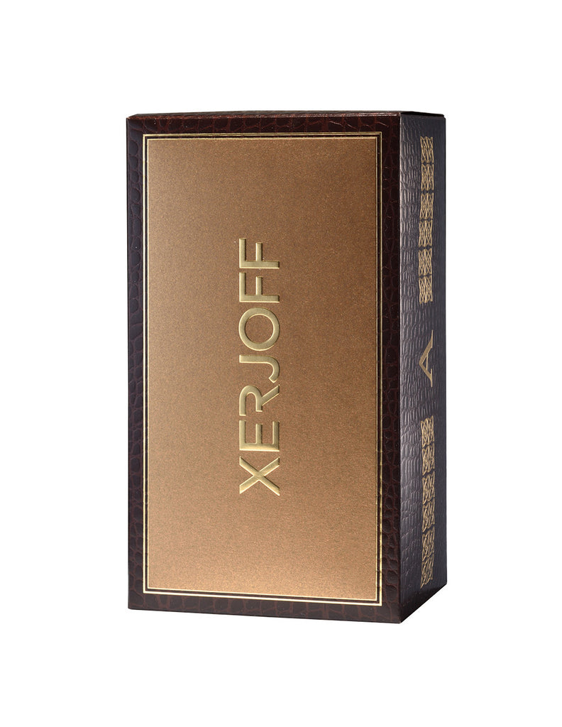 A brown, rectangular Xerjoff Alexandria II perfume box with gold text and accents, crafted from luxurious rosewood.