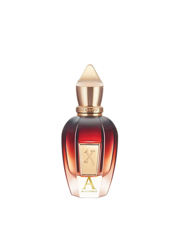 A bottle of Xerjoff Alexandria II with a gold cap and gradient red glass bottle, featuring notes of Laotian oud.