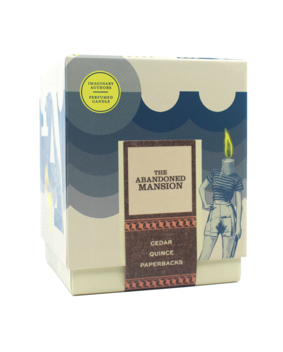 A box labeled "The Abandoned Mansion," part of the Imaginary Authors Perfumed Candle collection, with aromatic notes of cedar, quince, and paperbacks. Adorned with abstract art and a candle figure featuring a lit wick, it evokes the mysterious charm of forgotten stories.