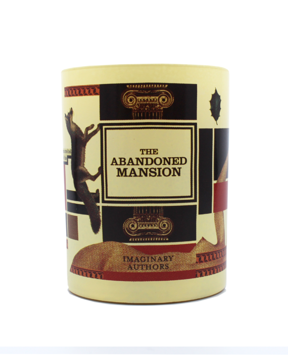 The Abandoned Mansion" candle by Imaginary Authors, adorned with vintage-style artwork depicting a fox and architectural elements, releases enchanting notes of quince and cedar.