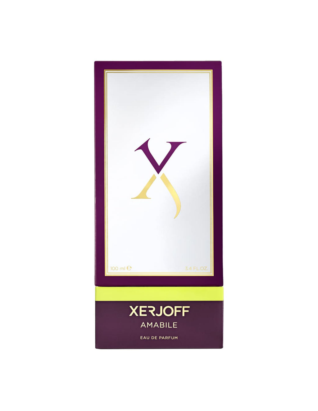 A rectangular box of Xerjoff Amabile in purple and white, with gold accents and text, epitomizing avant-garde perfumes with a hint of fresh fruits.
