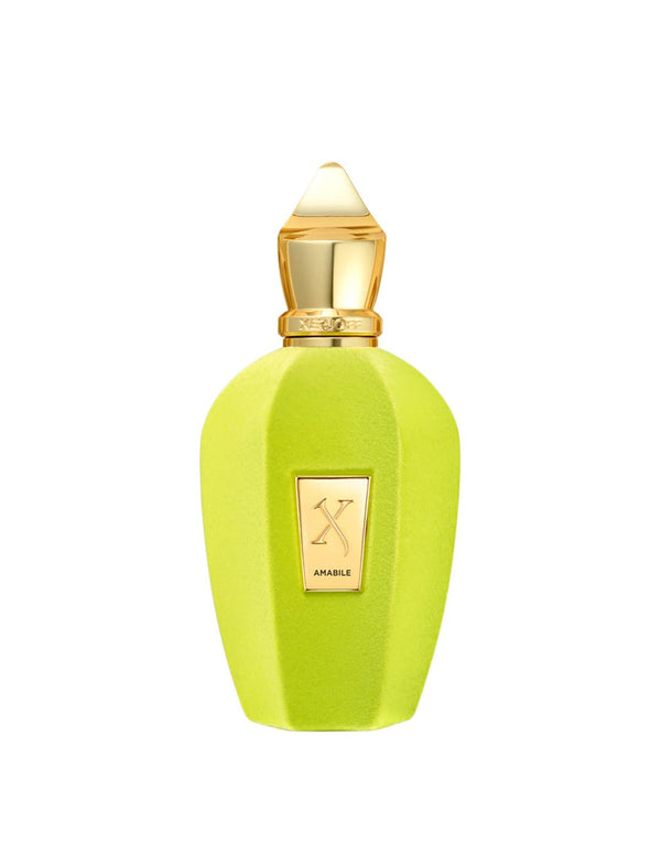 Bright yellow-green perfume bottle with a gold cap and label showcasing a stylized "X" and the word "Amabile." This exquisite scent from Xerjoff captures the essence of fresh fruits, promising an invigorating experience.