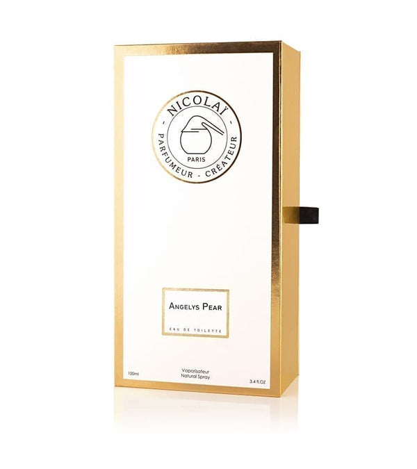 A rectangular perfume box labeled "Nicolaï, Paris" and "Angelys Pear Eau de Toilette," with a gold trim and a small black ribbon on the side, encapsulating the fresh fragrance of Angelys Pear reminiscent of the Loire Valley.