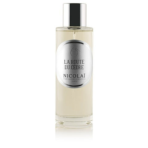 La Route du Cedre room spray bottle with black cap and white label