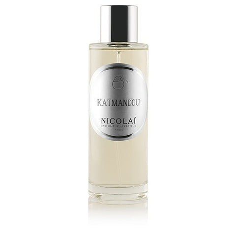 Katmandou room spray bottle with clear glass, black cap, and white label