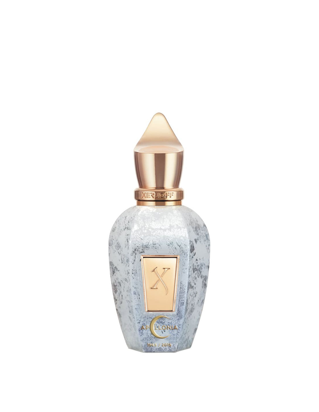 A decorative perfume bottle with a gold cap and accents, featuring a frosted white and silver textured surface reminiscent of the moon landing, and a gold label with embossed details—Apollonia by Xerjoff.