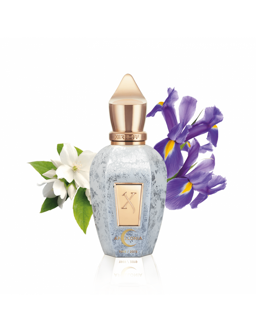 A Xerjoff Apollonia perfume bottle with a gold cap stands between white flowers on the left and purple flowers on the right, evoking the elegant precision of Apollo 11's moon landing.