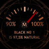 Gauge showing 97.5% natural ingredients for a product labeled "Black No. 1 (Blackbird)" by House of Matriarch with a dark background and geometric patterns, highlighting its exotic natural essences that make it an exceptional men's fragrance.