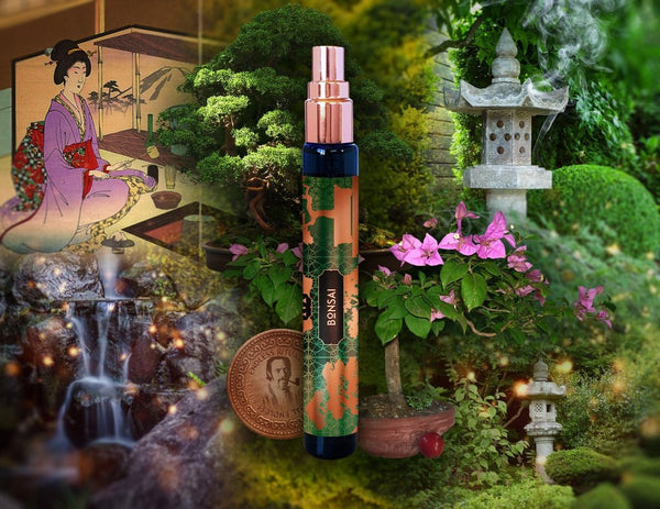 A perfume bottle labeled "Bonsai" is set against a background featuring Japanese-themed elements, including a painting of a woman, bonsai trees, flowers, a coin, a stone lantern, and a waterfall. The House of Matriarch Bonsai fragrance evokes the serene essence of nature with subtle hints of Japanese cypress.