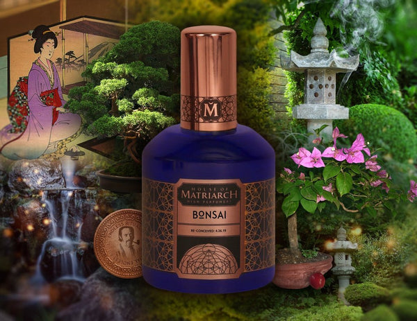 A perfume bottle labeled "House of Matriarch Bonsai" is set against a backdrop with a Zen garden, traditional artwork, and a stone lantern, evoking the serenity of Japanese cypress and green fragrance.