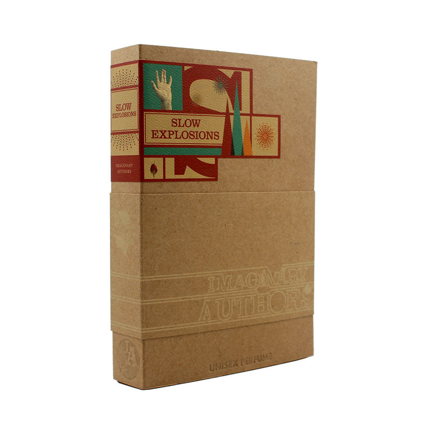 Box of Slow Explosions unisex perfume by Imaginary Authors in brown packaging with colorful design accents, featuring notes of saffron entwined with hints of leather.